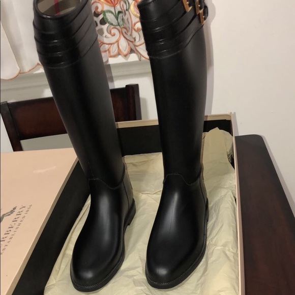 Burberry rain boots black with gold buckles. - Picture 2 of 3